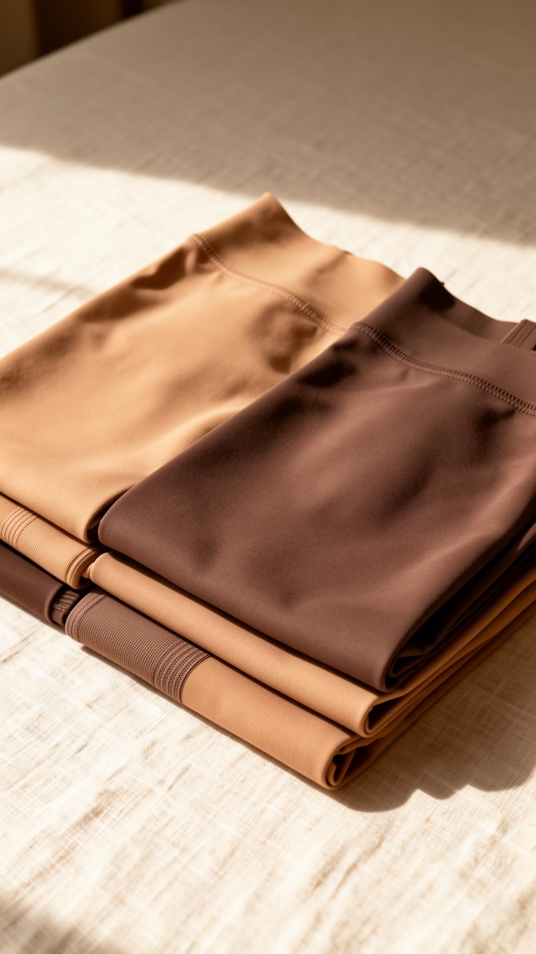 Quiet still life of folded shapewear in warm taupe and espresso